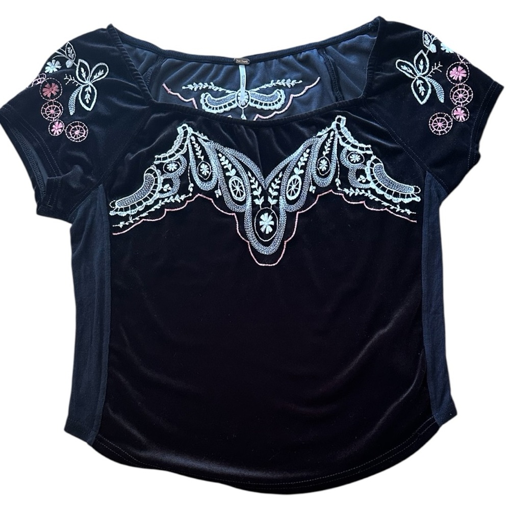 Free People "Party Train” Black Velvet Embroidered Boho Top • Size: M - Picture 5 of 12